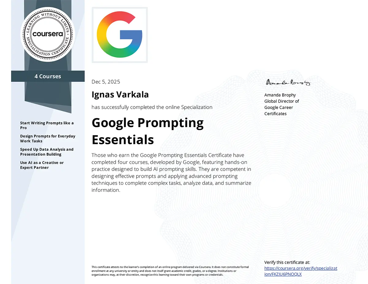 Prompting Essentials Specialization certificate from Google