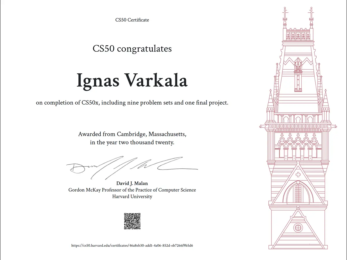CS50: Introduction to Computer Science certificate from HarvardX