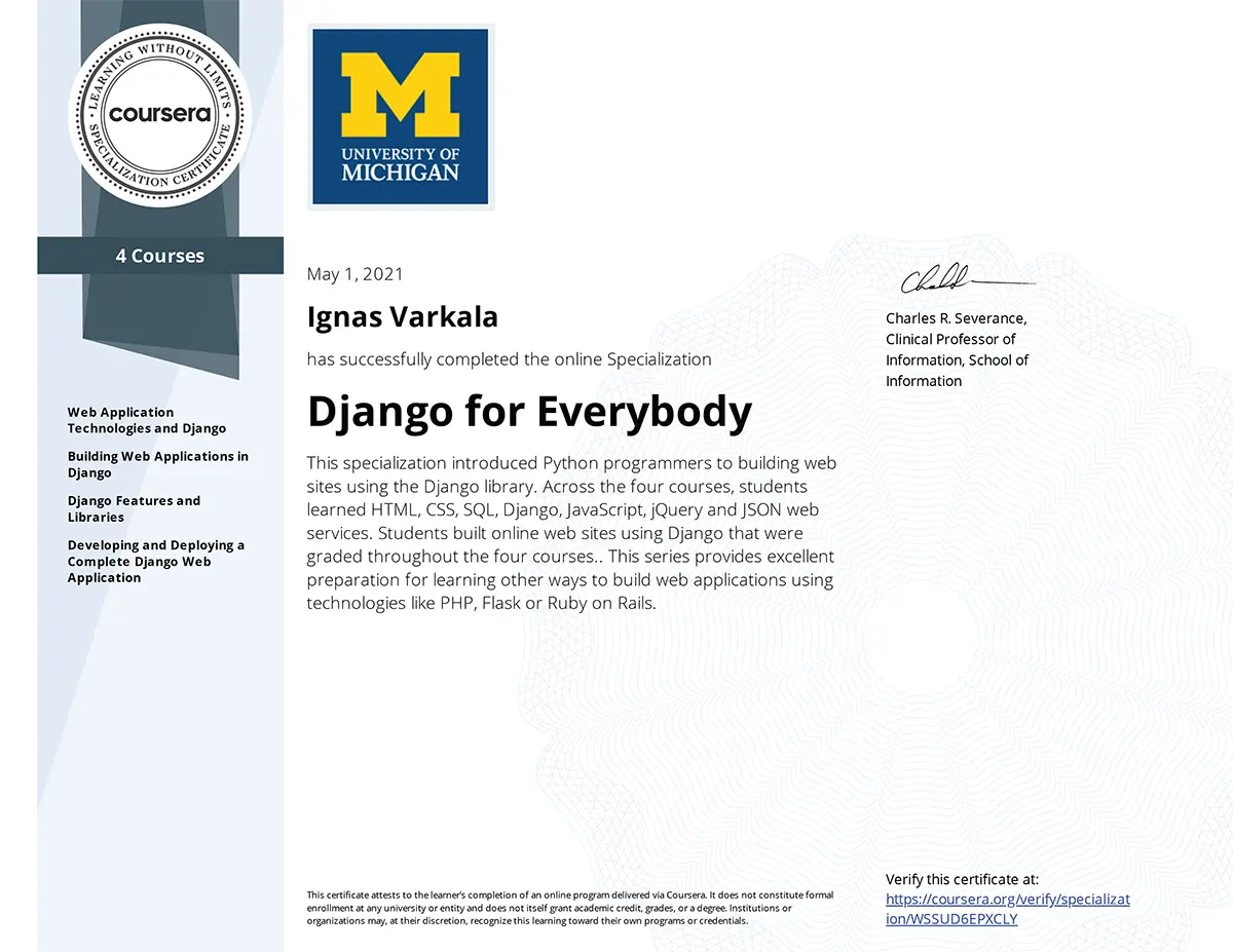Django for Everybody Specialization certificate from University of Michigan